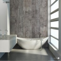 Minimal contemporary grey bathroom with bathtub and sink